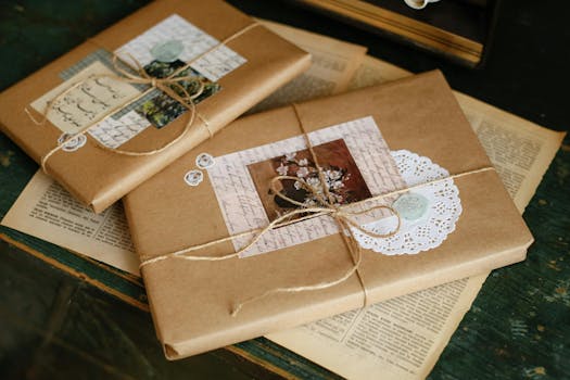 Cadeaux soigneusement emballés dans du papier kraft avec des décorations vintage sur une table en bois.