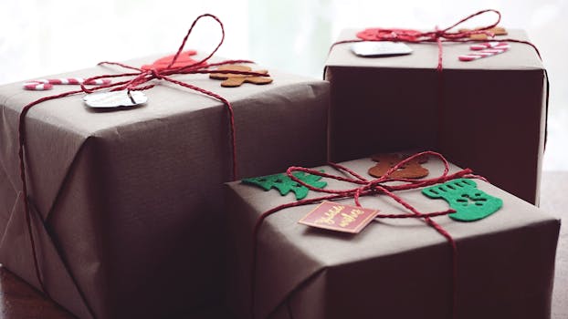 Cadeaux soigneusement emballés avec des décorations festives en feutrine et des étiquettes sur un fond lumineux.
