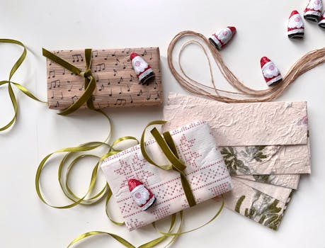 Cadeaux joliment emballés avec des rubans, des décorations de Noël et des cartes sur une surface blanche.